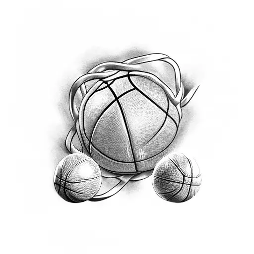 Two basketballs intertwined with a father and three sons silhouette tattoo design idea