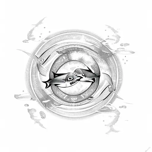 A sketch-like design of two Pisces fish around a simple sun tattoo design idea