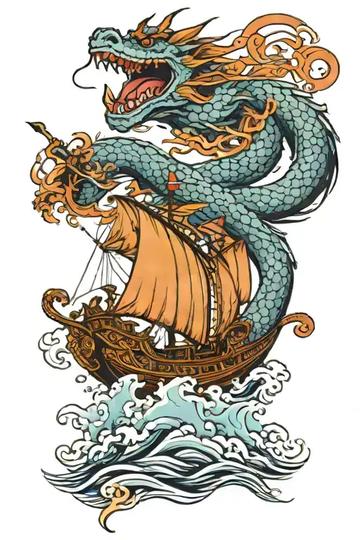 dragon and boat sailing tattoo design idea