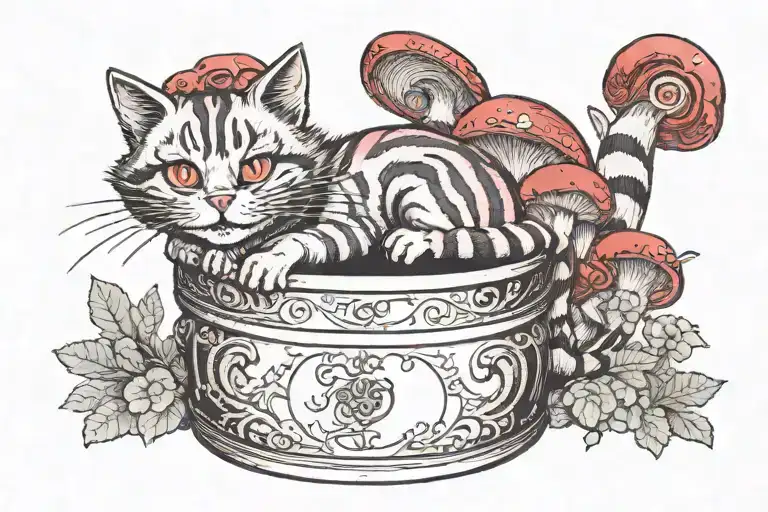 Cheshire cat in a cylinder from the fairy tale Alice Through the Looking Glass sits on mushrooms with red caps tattoo design idea