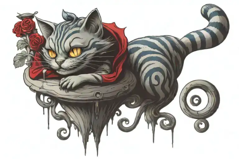  Cheshire cat in a cylinder from the fairy tale Alice Through the Looking Glass sits on mushrooms with red caps tattoo design idea