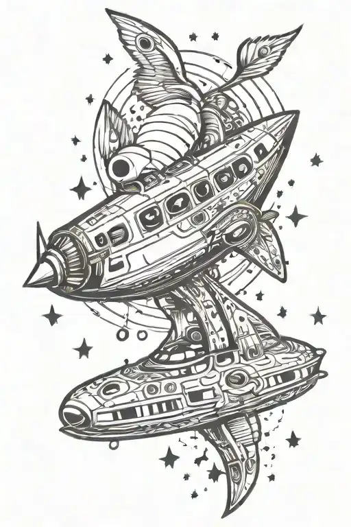 A traditional style spaceship flying through a galaxy filled with music notes tattoo design idea