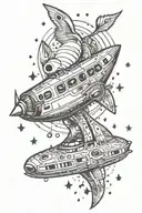 A traditional style spaceship flying through a galaxy filled with music notes tattoo design idea