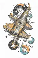 A traditional style spaceship flying through a galaxy filled with music notes tattoo design idea