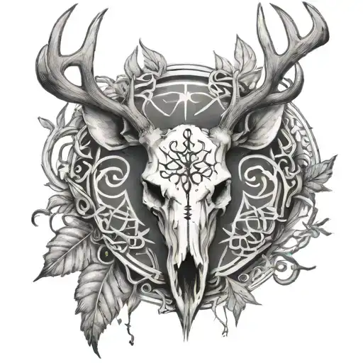 deer skull mystical fog runes pentagram leaves tattoo design idea
