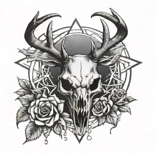 deer skull roses mist pentagram tattoo design idea
