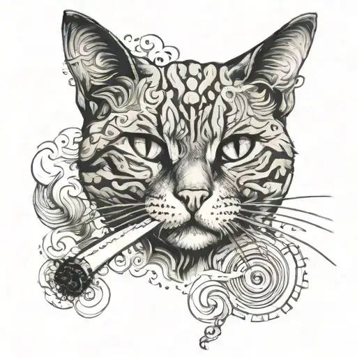 A cat with a cigarette in its mouth surrounded by swirling smoke tattoo design idea