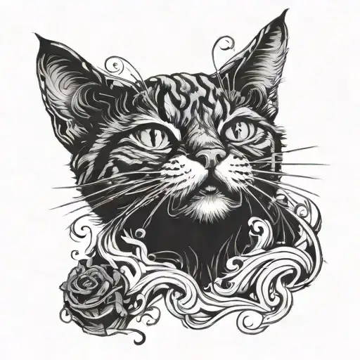 A cat with a cigarette in its mouth surrounded by swirling smoke tattoo design idea
