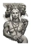 nude slim young blonde european girl wearing chains leashed by muscular african man with crown tattoo design idea