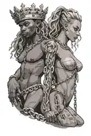 nude slim young blonde european girl wearing chains leashed by muscular african man with crown tattoo design idea