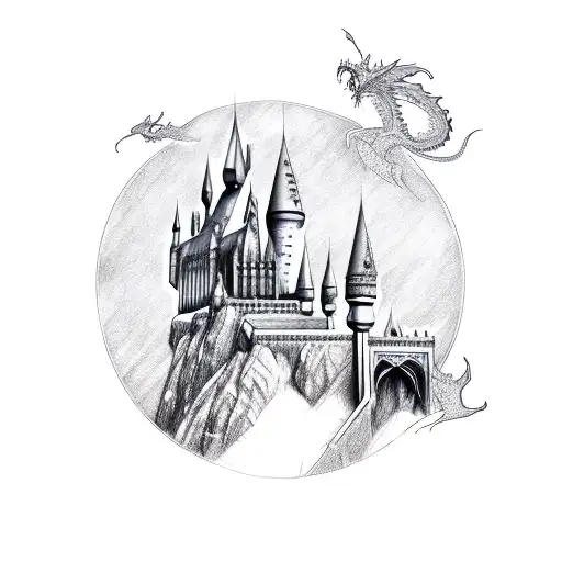 hogwarts castle and a dragon coming out of a book tattoo design idea