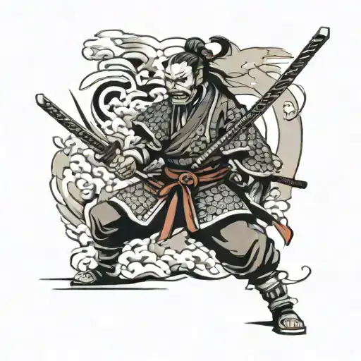 Samurai with full-length swords in the style of new Japan with a face mask tattoo design idea