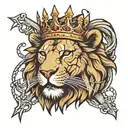 lion with a crown of thorns and a cross scar on one eye tattoo design idea