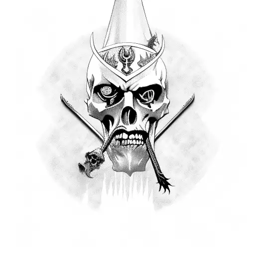 vlad the impaler portrait with impaled bodies and piles of skulls tattoo design idea