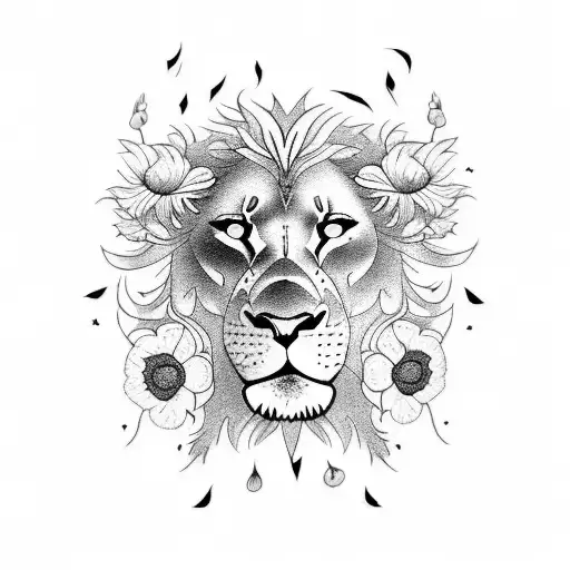 A stunning blackwork tattoo featuring a majestic lion surrounded by poppies and dandelions. tattoo design idea