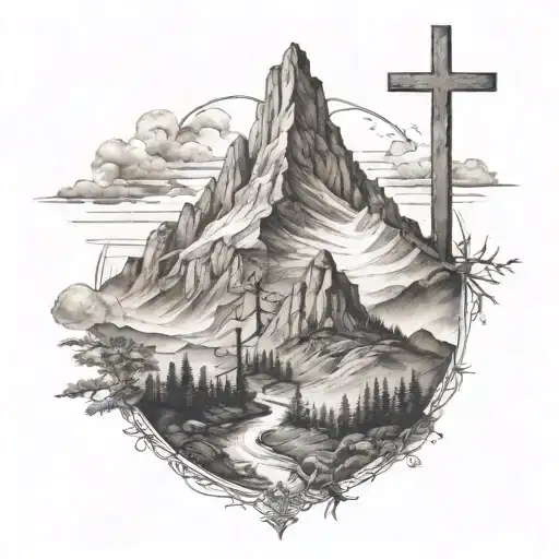 mountains and cross tattoo design idea