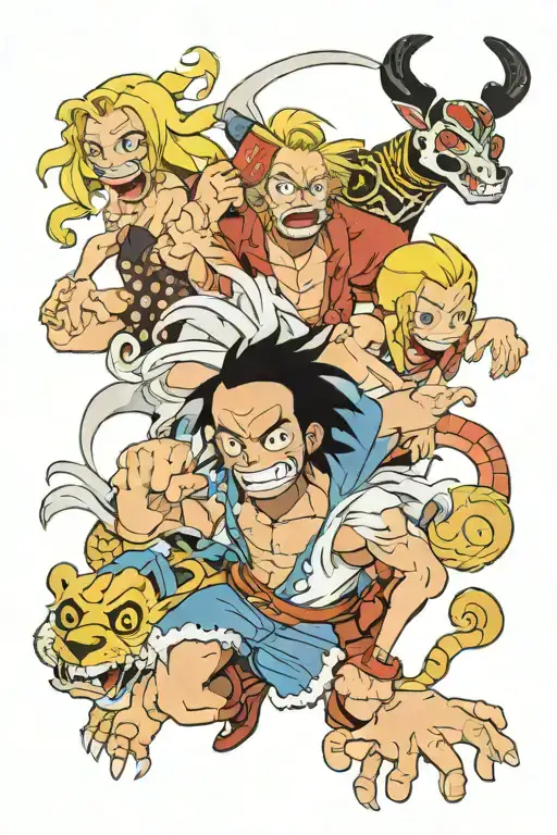 sanji, usopp and arlong one on top of the other tattoo design idea