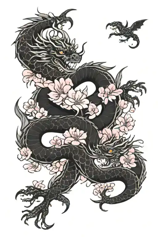 black china dragons long and pink flowers blooming tattoo design idea