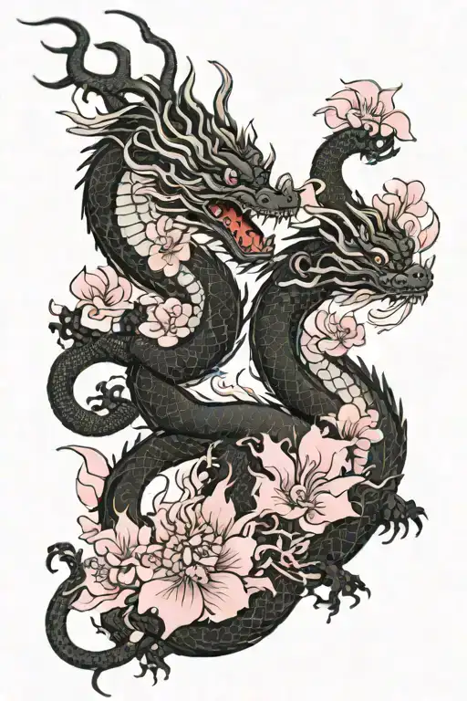 black china dragons long and pink flowers blooming tattoo design idea