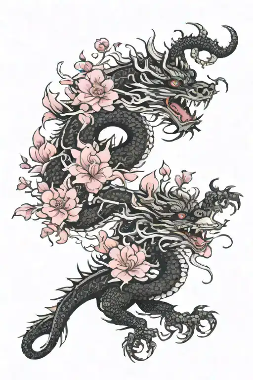 black china dragons long and pink flowers blooming tattoo design idea