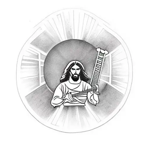 Design a tattoo of Jesus playing the drums with Slayer logo in the background tattoo design idea