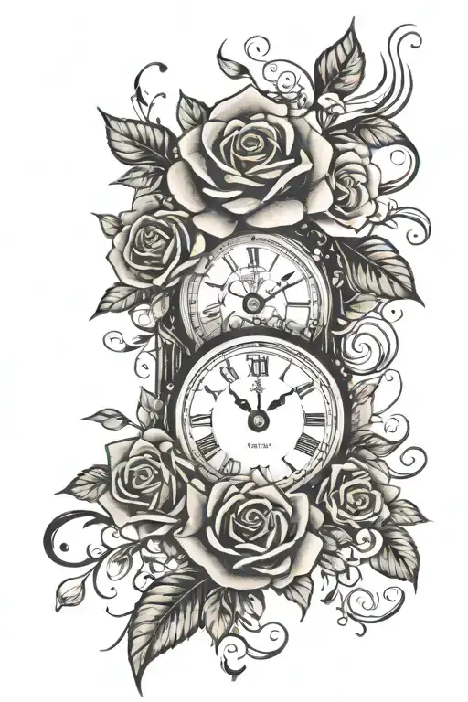 roses and clock tattoo design idea
