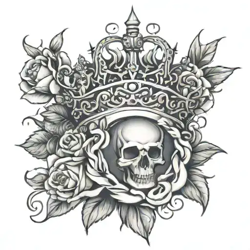 two crowns, one crown with the letter J and the other crown with the letter V. surrounded by roses and thorns tattoo design idea