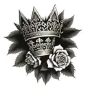 two crowns, one crown with a J under it and the other crown with a V under it, surrounded by roses and thorns tattoo design idea