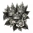 two crowns, one crown with a J under it and the other crown with a V under it, surrounded by roses and thorns tattoo design idea