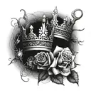 two crowns, one crown with a J under it and the other crown with a V under it, surrounded by roses and thorns tattoo design idea