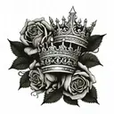 two crowns, one crown with a J under it and the other crown with a V under it, surrounded by roses and thorns tattoo design idea