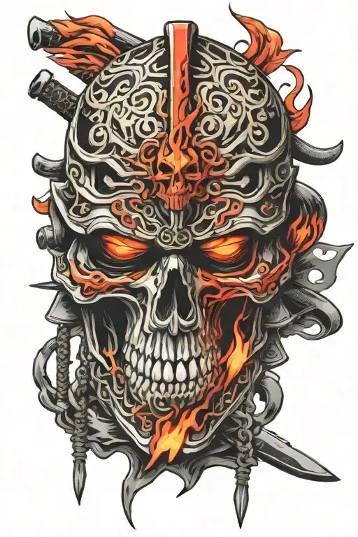 skull face samurai with red and black armour and flame eyes  tattoo design idea
