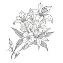 a bouquet of flowers with a carnation, an iris, two daffodils, a lily, a gladiolus, a marigold and a poinsettia tattoo design idea