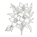 a bouquet of flowers with a carnation, an iris, two daffodils, a lily, a gladiolus, a marigold and a poinsettia tattoo design idea