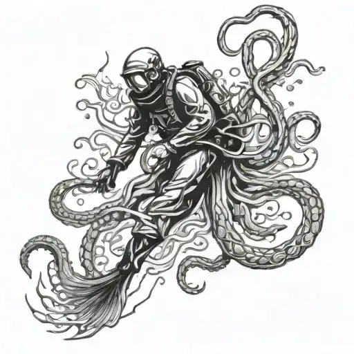scuba diver fighting giant squid tattoo design idea
