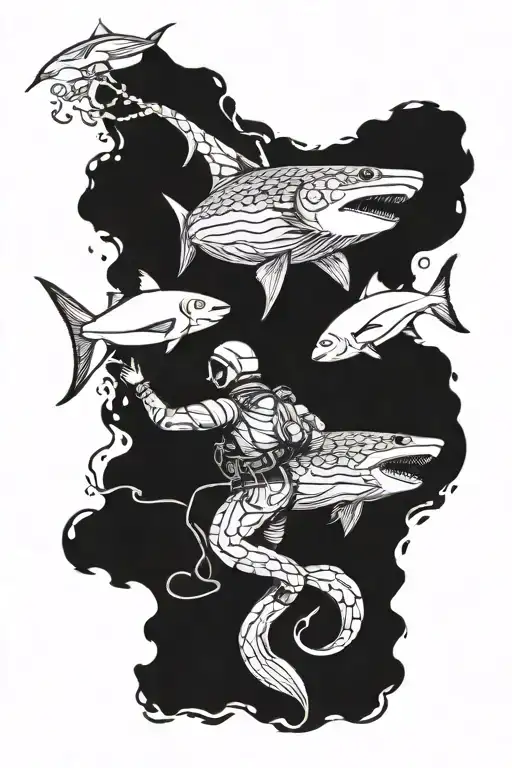 Scuba diver fighting giant squid and shark tattoo design idea