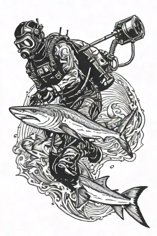 scuba diver fending off sharks with harpoon gun tattoo design idea