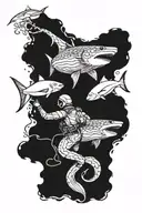 Scuba diver fighting giant squid and shark tattoo design idea