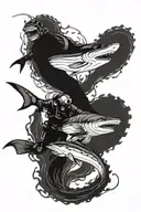 Scuba diver fighting giant squid and shark tattoo design idea
