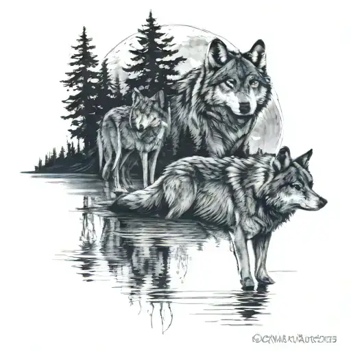 A wolf family swimming in a moonlit lake in a forest  tattoo design idea