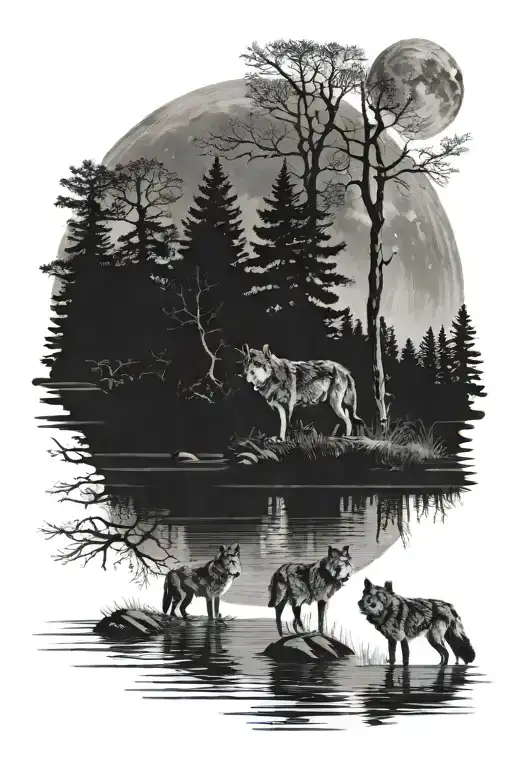 A wolf family of 4 swimming in a moonlit lake in a forest at night, moon shown  tattoo design idea
