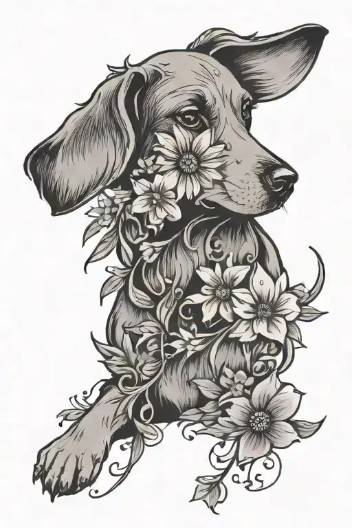 dog stencil  tattoo with flowers trailing along a simple tattoo design idea