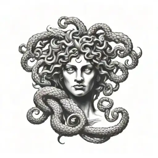 A blackwork tattoo of Medusa intertwined with the Greek god Apollo, symbolizing the clash of light and darkness in history tattoo design idea