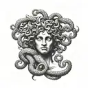 A blackwork tattoo of Medusa intertwined with the Greek god Apollo, symbolizing the clash of light and darkness in history tattoo design idea