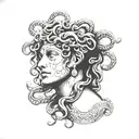 A blackwork tattoo of Medusa intertwined with the Greek god Apollo, symbolizing the clash of light and darkness in history tattoo design idea