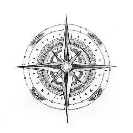 A dotwork tattoo of a compass rose with a silhouette of your two boys and dog in the center, representing your love for family and travel tattoo design idea