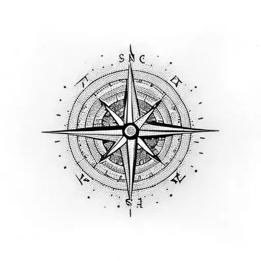 A dotwork tattoo of a compass rose with coordinates leading to your home, with a silhouette of your family and dog beside it, symbolizing your love for family and your roots tattoo design idea