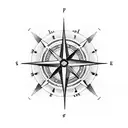 A dotwork tattoo of a compass rose with a silhouette of your two boys and dog in the center, representing your love for family and travel tattoo design idea