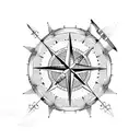 A dotwork tattoo of a compass rose with a silhouette of your two boys and dog in the center, representing your love for family and travel tattoo design idea