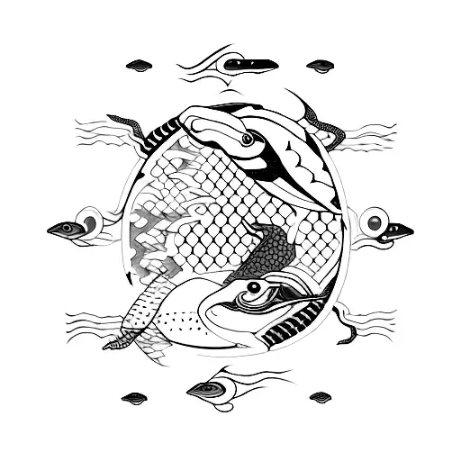 Shui symbol with a softshell turtle, baiji, salamander, and river sturgeon circling clockwise around it tattoo design idea